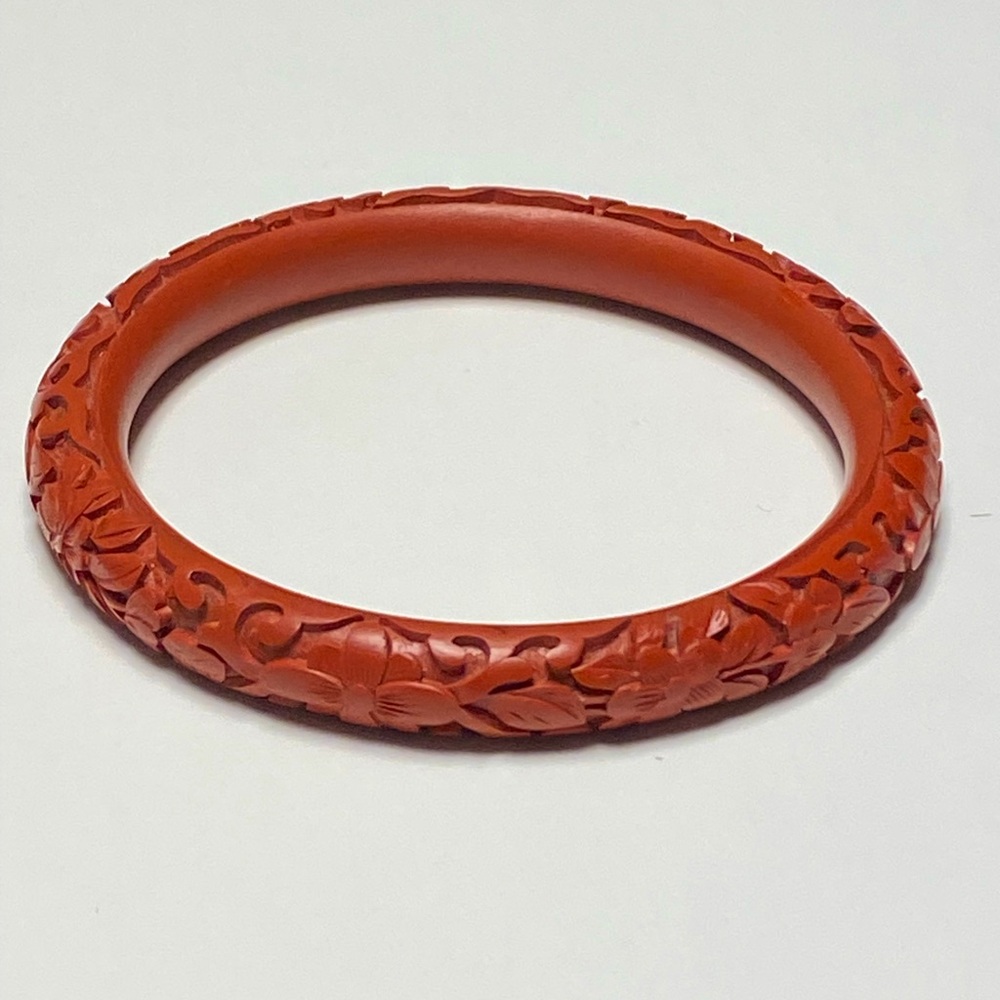 Vintage Red Cinnabar Flower Carved Bangle Bracelet
